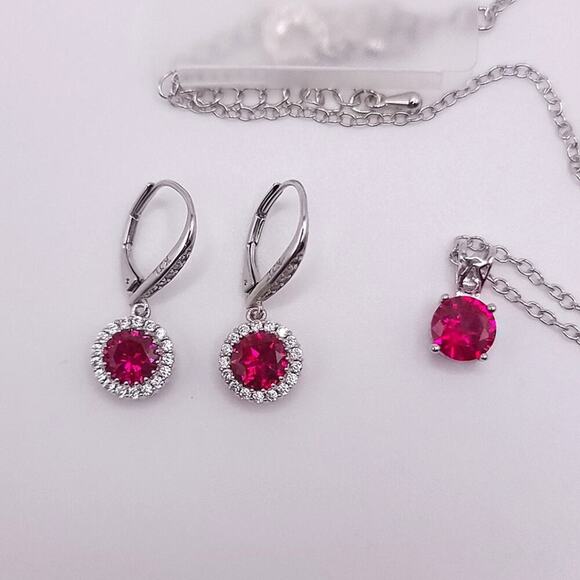CZ By Kenneth Jay Lane Ruby Necklace and Drop Earring Set - Picture 7 of 11